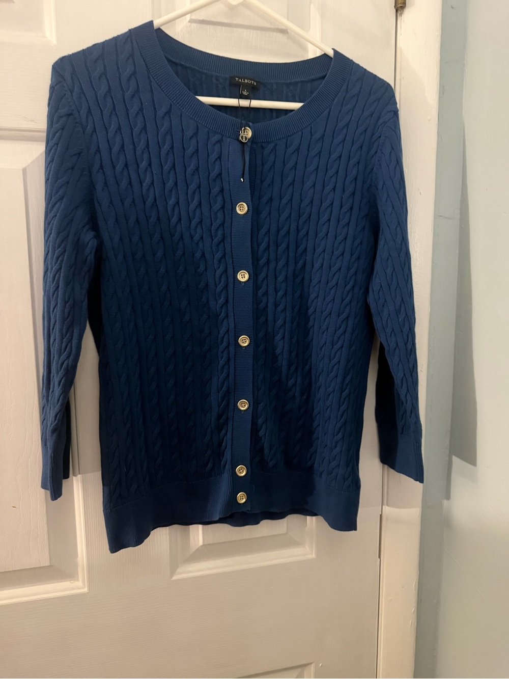 Talbots Cable Knit Cardigan Sweater Blue Large 100% Cotton NWOT